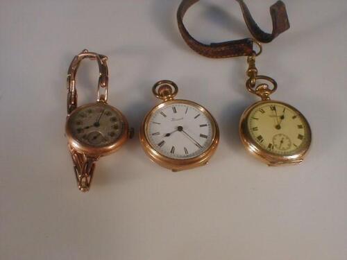 Two gold cased fob watches and a ladies gold cased wristwatch