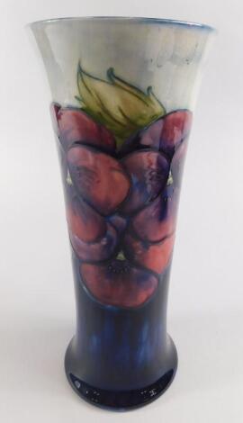 A Moorcroft Pansy pattern cylindrical tapering vase
