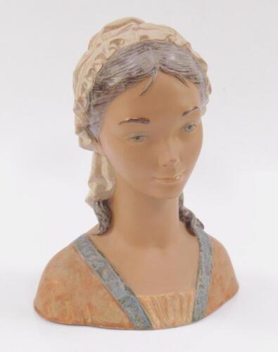 A Lladro matt porcelain bust of a girl wearing a cap