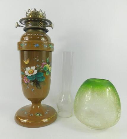 A Wills & Jones late 19thC brown glass oil lamp