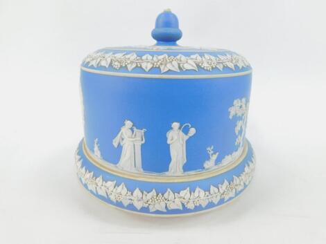 A late 19thC light blue Jasperware stilton dish and cover