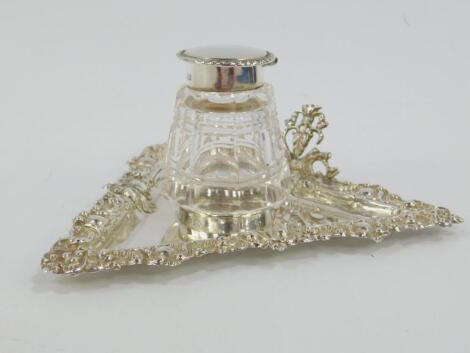 A Victorian cut glass and silver inkwell on stand