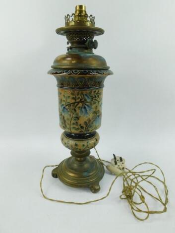 A Doulton Lambeth late 19thC stoneware and brass Duplex oil lamp