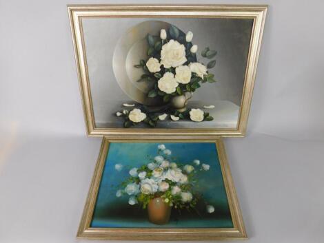 Reckie (British). Still life of white roses and a pewter dish