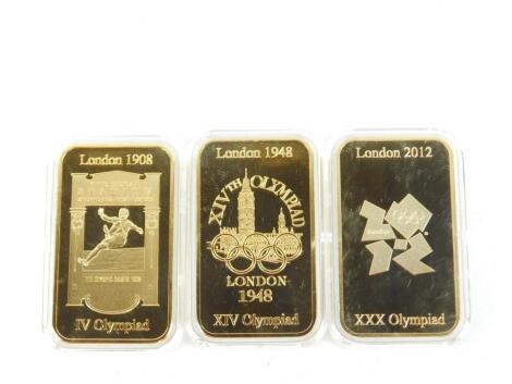 Three London 2012 Olympics gold plated commemorative ingots