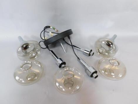 An Italian 1960's white metal and grey glass three pendant ceiling light