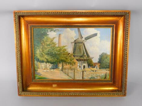 Continental School (20thC). Village Scene with a Windmill