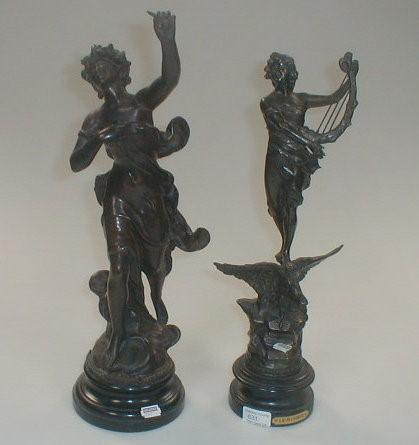 Two 19thC French spelter figures of La Music and L'Aurore