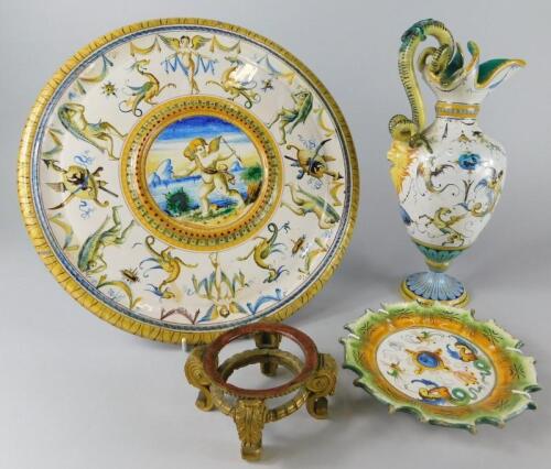 An Italian Cantigalli Maiolica ewer and similar stand