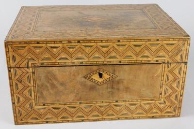 A Victorian walnut and parquetry banded work box