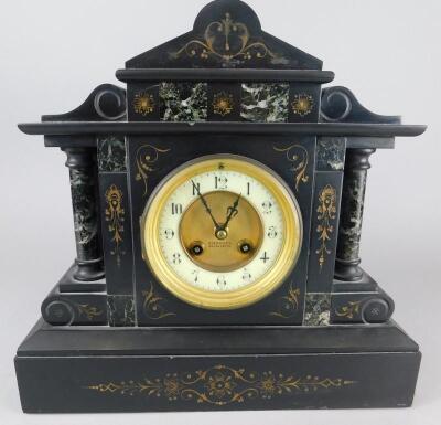 A late 19thC French black slate and marble portico type mantel clock