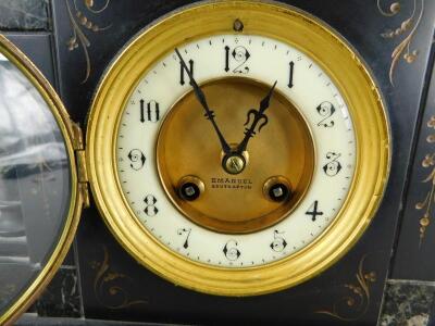 A late 19thC French black slate and marble portico type mantel clock - 2