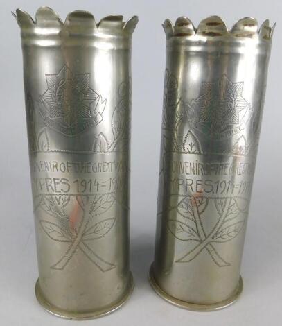 A pair of silvered 1st World War trench art vases