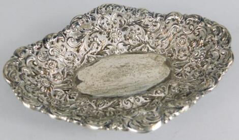 A late Victorian embossed silver lozenge shaped dish