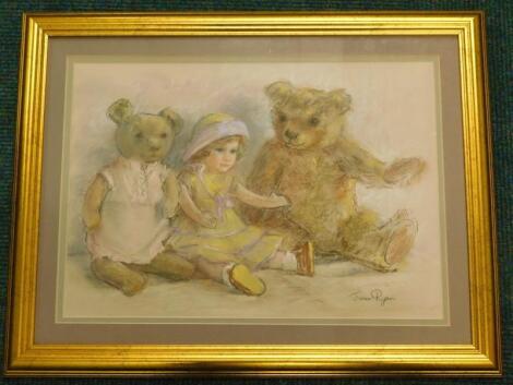 June Ryan. A doll and two teddy bears