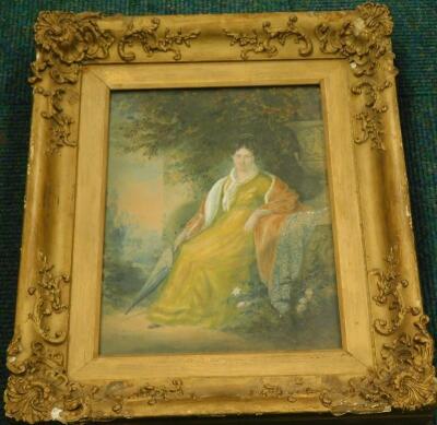 19thC School. Portrait of a lady beside a decorative garden urn