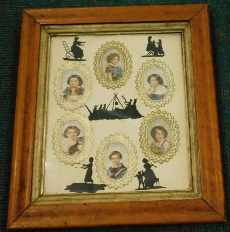 19thC School. Montage of silhouettes and oval coloured prints