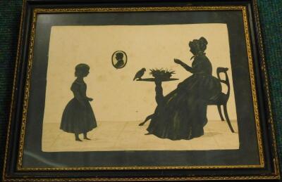 19thC School. Silhouette of a lady seated beside a table with parrot