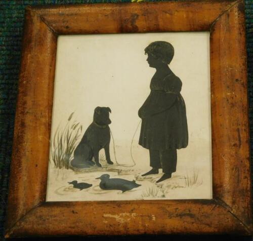 19thC School. Silhouette of a lady with a dog beside a duck pond