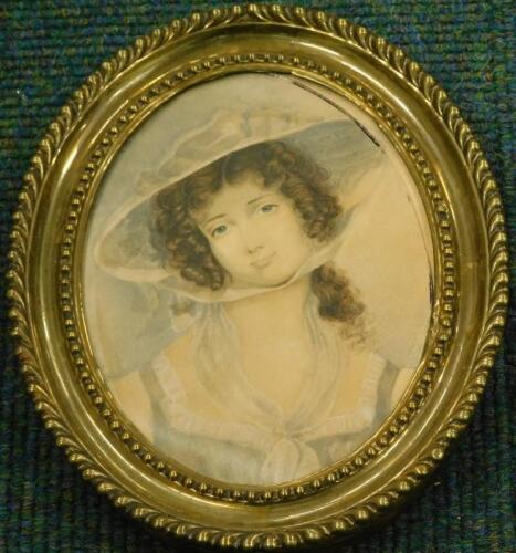 19thC School. Portrait of a lady wearing a bonnet