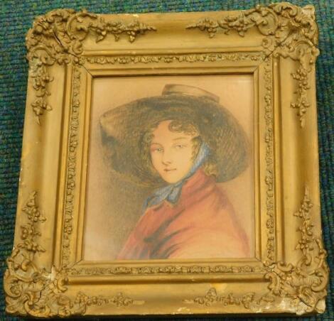 19thC School. Lady in bonnet