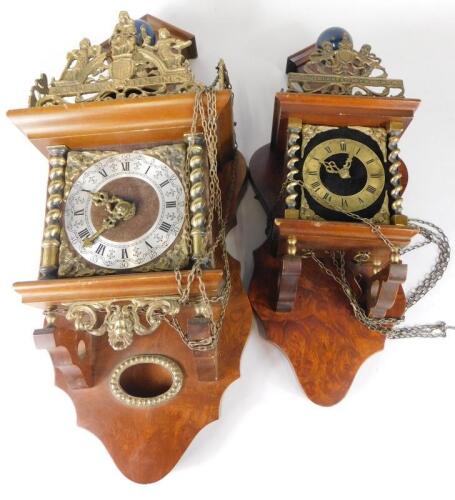 Two Continental walnut and walnut veneered wall clock