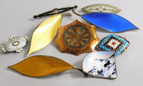 Nine enamel bar brooches