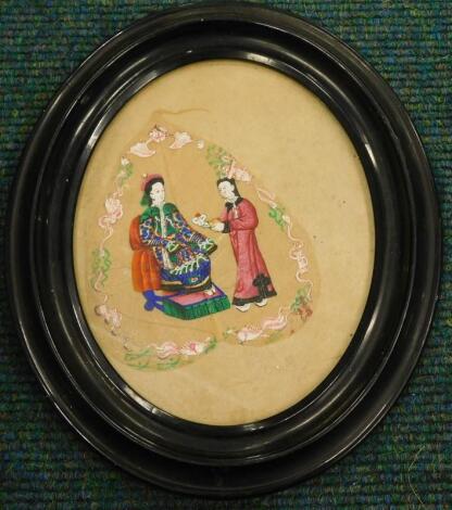 Late 19th/early 20thC Chinese School. Canton style decorated leaf picture of a gentleman on a thron