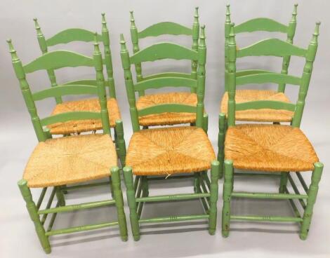 A set of six green painted Continental dining chairs