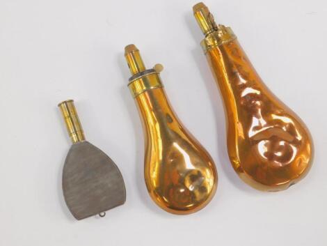 Two plain copper and brass shot flasks