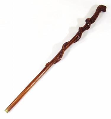 A heavily carved cobra wooden walking stick - 4