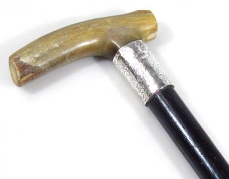 A horn silver and ebonised walking stick