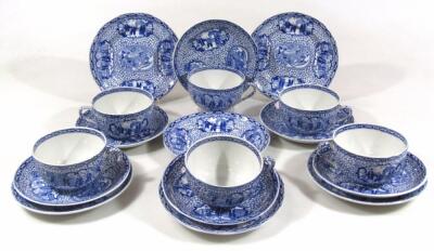 A set of six Adams china 1780 commemorative blue and white over sized cups and saucers