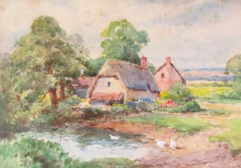 V E Fairweather (19thC). Ducks in pond before thatched cottage and trees on a summer's day