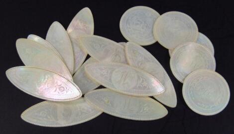 A set of early 20thC mother of pearl gaming counters