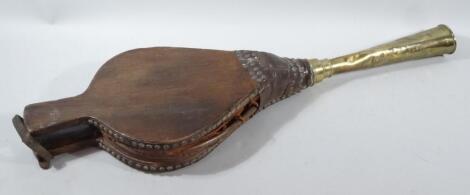 A pair of early 20thC oak leather and brass ended bellows