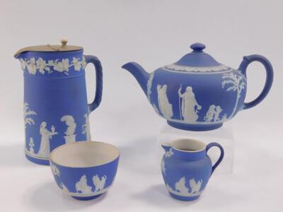 A Wedgwood late 19thC dark blue Jasperware four piece tea set