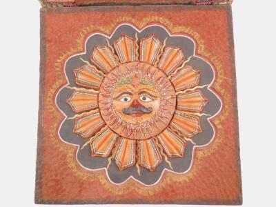 A pair of 20thC Mayan plaster Sun God wall plaques - 2