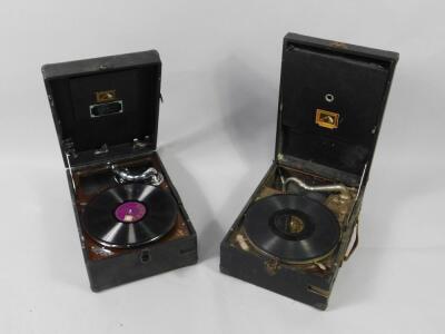 Two HMV black cased table top gramophones