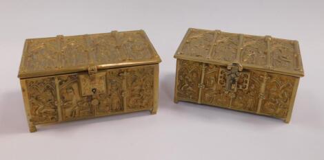 Two Gothic style brass jewellery caskets