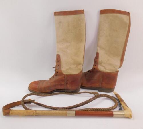 A pair of Rowell & Sons tanned brown leather and canvas military riding boots