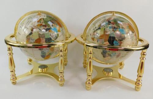 A pair of hardstone inlaid terrestrial globes