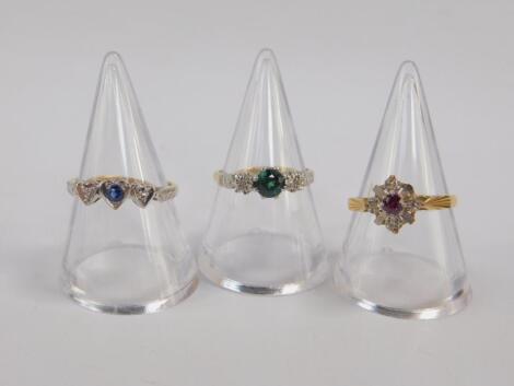 Three diamond and gem set rings