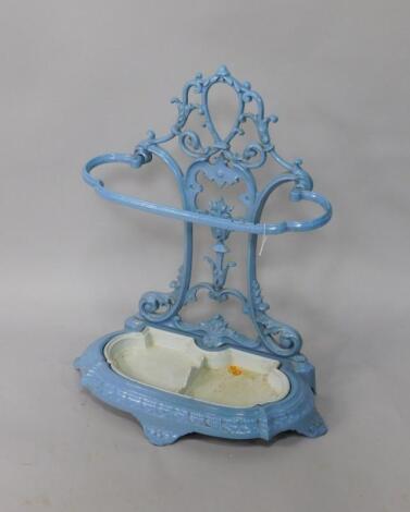 A Coalbrookdale style blue and cream painted cast iron stick stand