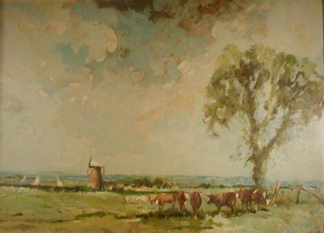 W.H.Ford (20thC) Cattle in a Norfolk landscape with windmill