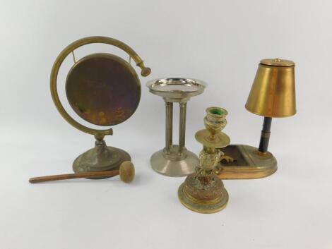 A Pullman style retro brass and tin table lamp with ash tray and cigarette holder