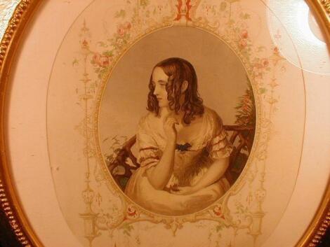 A pair of 19thC colour portrait vignette prints of young ladies entitled