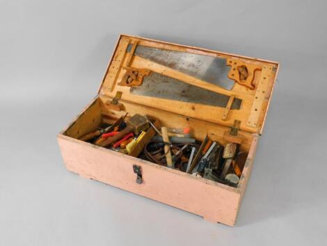 A pink painted pine tool chest