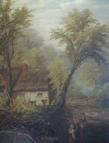 J Mellor. Rural landscape with thatched cottages and figures