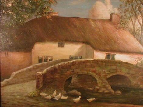 C W Fieldhouse. Thatched cottage by a stone bridge with ducks in the foreground